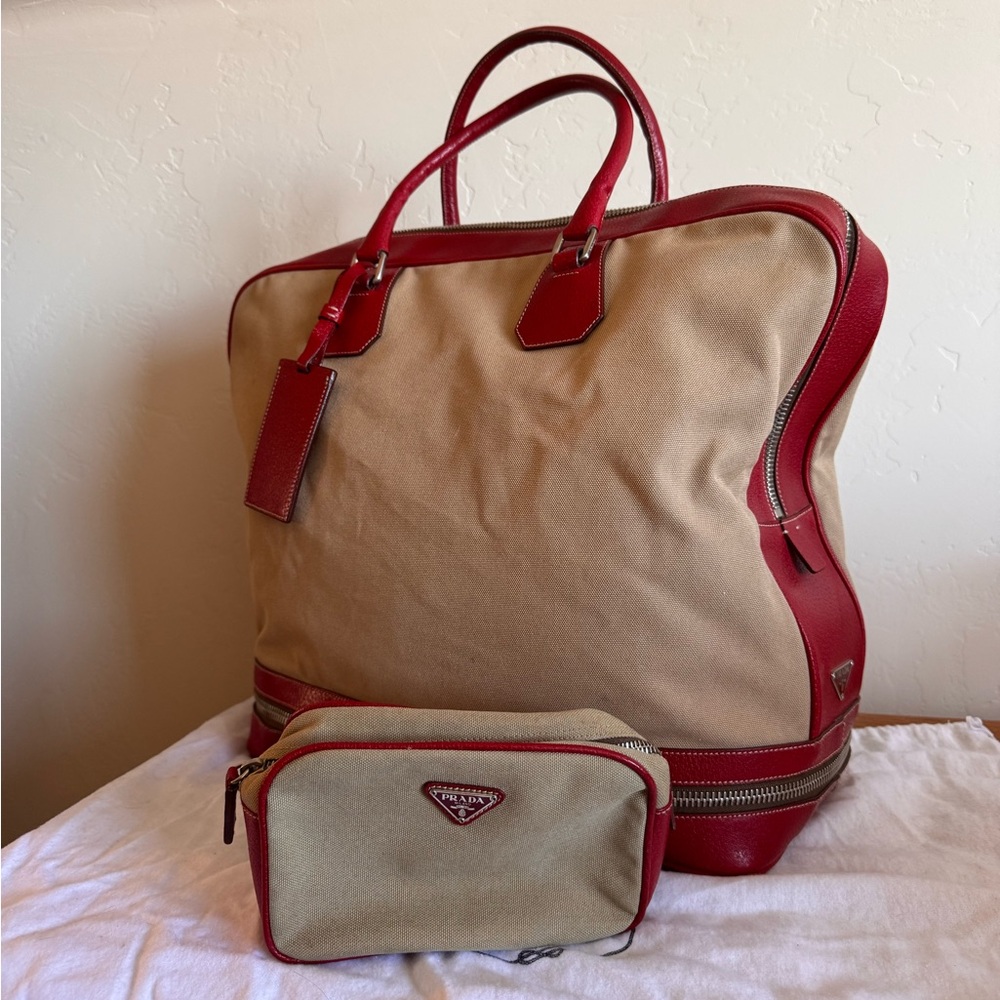 Prada Red Leather and Tan Canvas Duffel Bag Set